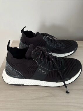 BOSS Black Knit Lace-Up Men's Sneakers with White Sole